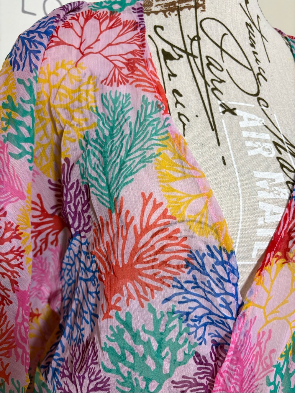America & Beyond Coral Print Tassel Kimono Cover Up Beach Resort - Picture 3 of 11